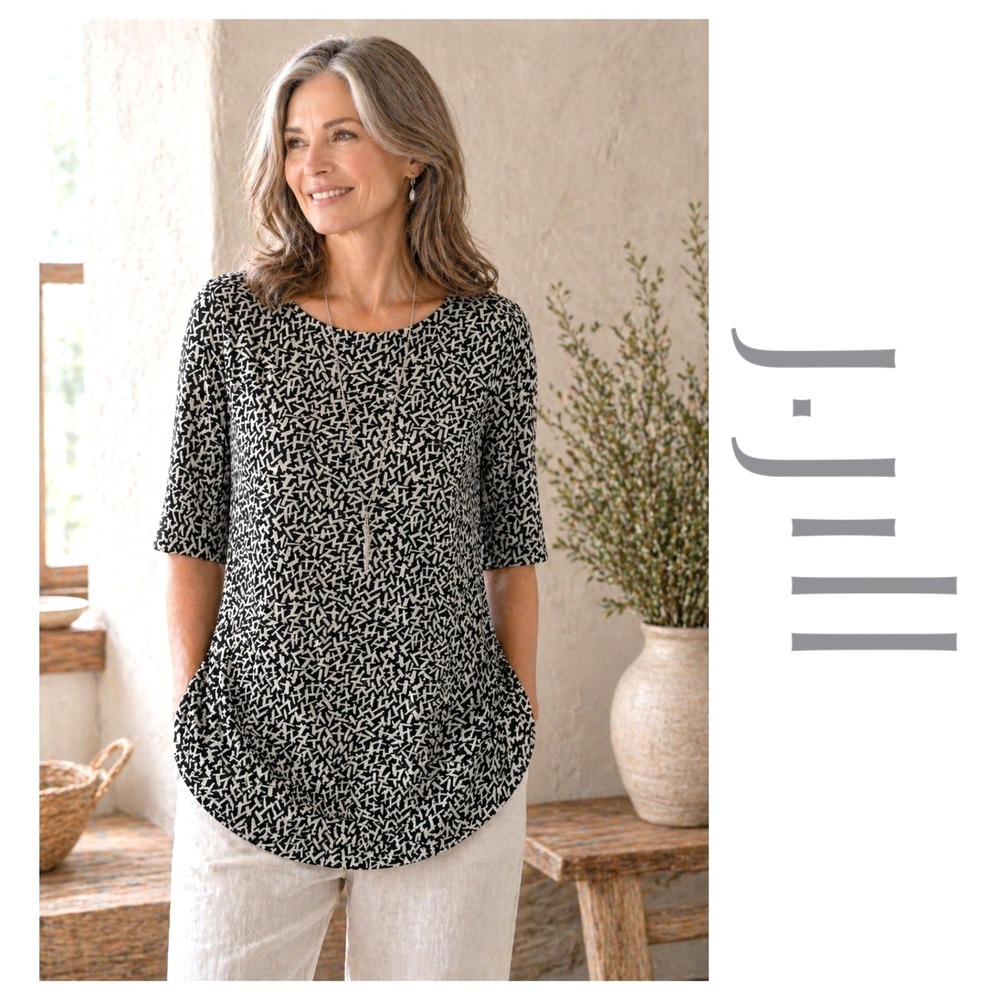 J. Jill Wearever Collection Black White Geometric Pockets Tunic Top Size XS